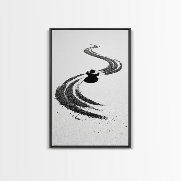 Zen Inspired Minimalist Sand And Stone Artwork Black And White Canvas Print For Modern Meditation Room Wall Art