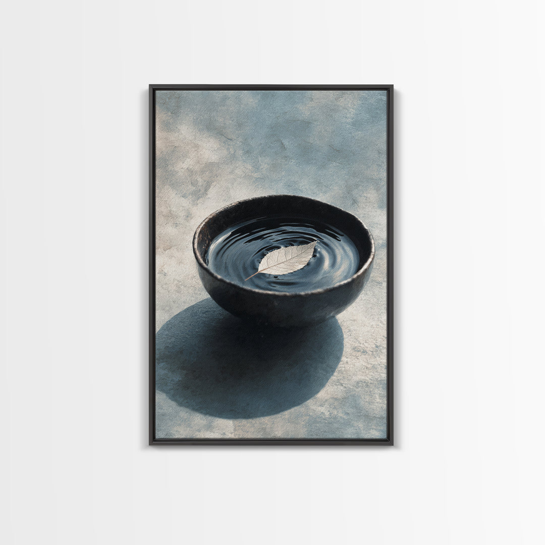 Minimalist Zen Black Bowl With Leaf Floating On Water Ripple Texture Wall Art Framed Canvas Print For Peaceful Home Decor