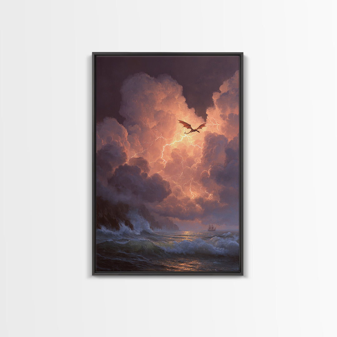 Storm Dragon Over Lightning Seas Wall Art Fantasy Seascape Canvas Print For Gothic Decor Dragon Art And Moody Coastal Room
