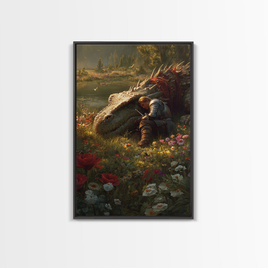 Sleeping Knight Beside Ancient Dragon Wall Art Fantasy Floral Meadow Canvas Print For Medieval Home Decor And Gift For Her