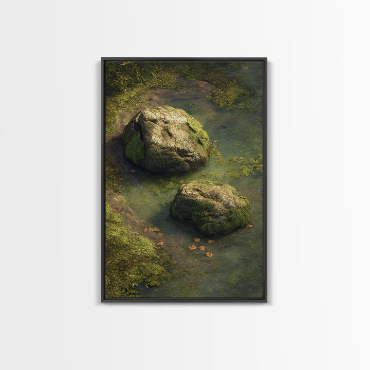 Peaceful Moss Covered Rocks In Quiet Woodland Stream Nature Wall Art Canvas Print For Calming Home Decor