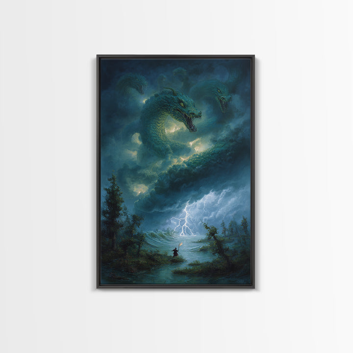 Three Headed Sea Hydra Storm Wall Art Fantasy Dragon Canvas Print For Gothic Decor Mythical Creature And Moody Office Art