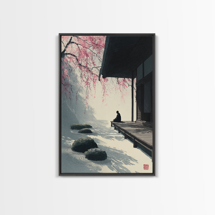 Zen Garden With Meditating Figure And Sakura Blossoms Tranquil Wall Art Framed Canvas Print
