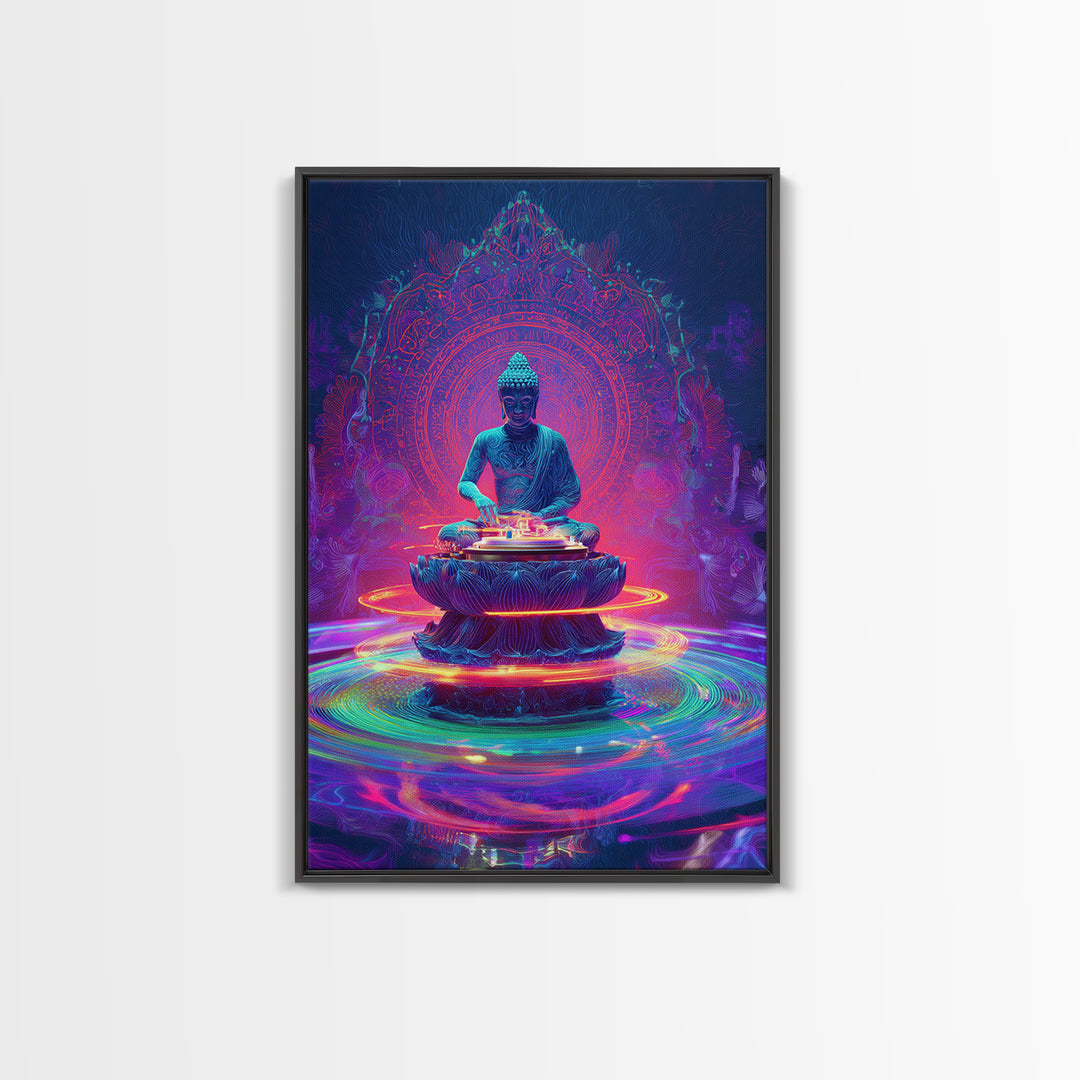 Vibrant Neon Buddha With Sacred Mandala And Energy Rings Wall Art Print Framed Canvas Print Spiritual Home Decor