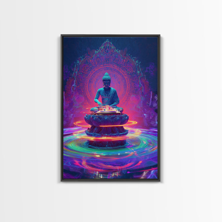 Vibrant Neon Buddha With Sacred Mandala And Energy Rings Wall Art Print Framed Canvas Print Spiritual Home Decor