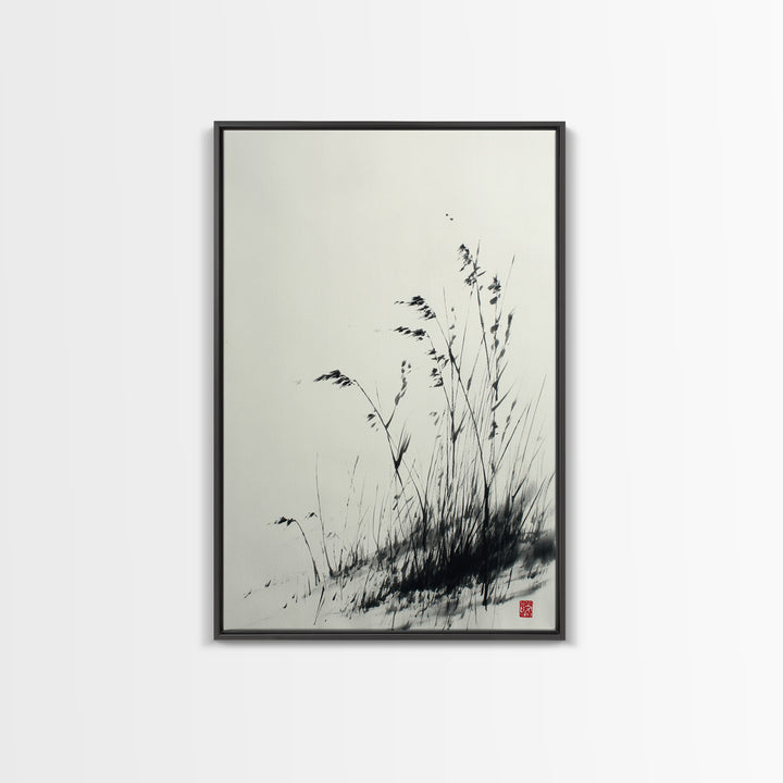Elegant Black And White Ink Painting Of Windblown Grass Minimalist Wall Art Framed Canvas Print Natural Home Decor