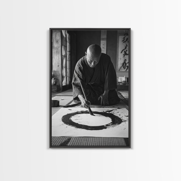 Black And White Fine Art Photography Of Japanese Calligraphy Artist Painting Circle Wall Art Framed Canvas Print