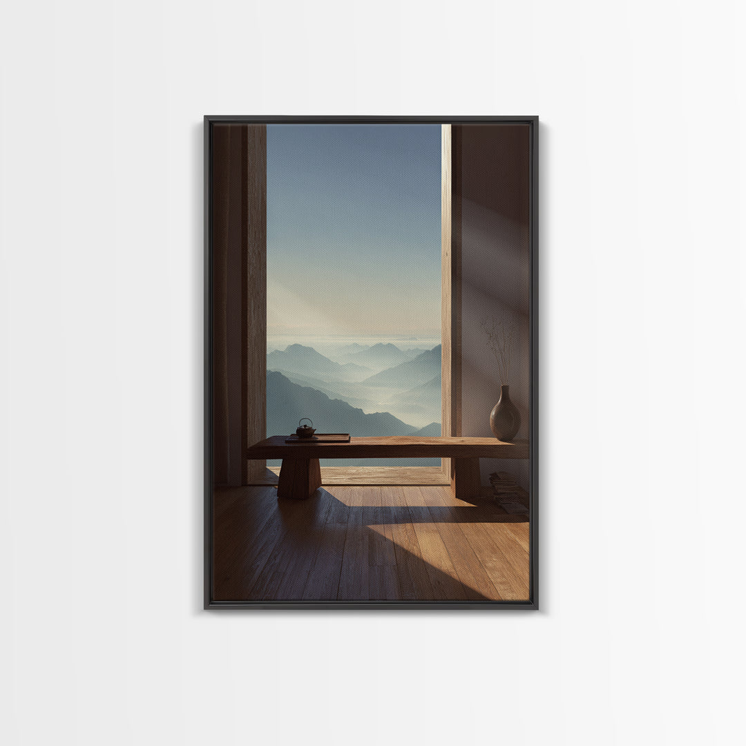 Serene Mountain Landscape from Window View Wall Art Canvas Print for Calm Minimalist Home and Office Decor