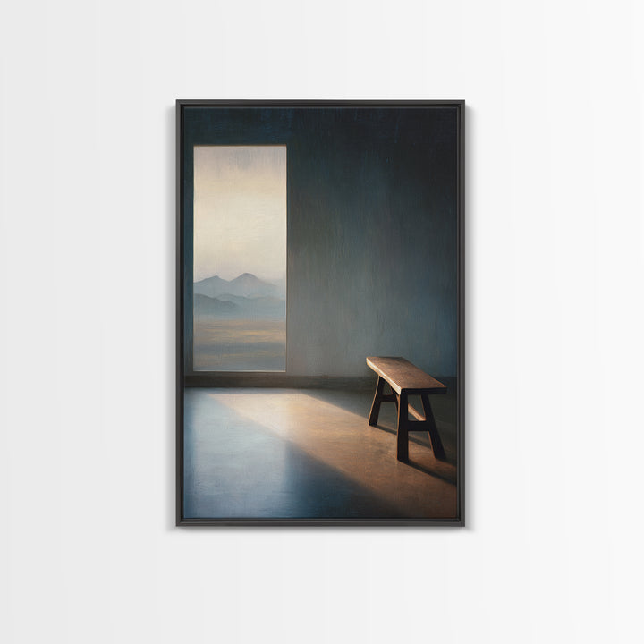 Peaceful Empty Room With Wooden Bench And Mountain View Window Oil Painting Wall Art Print Canvas Print For Minimalist Home Decor