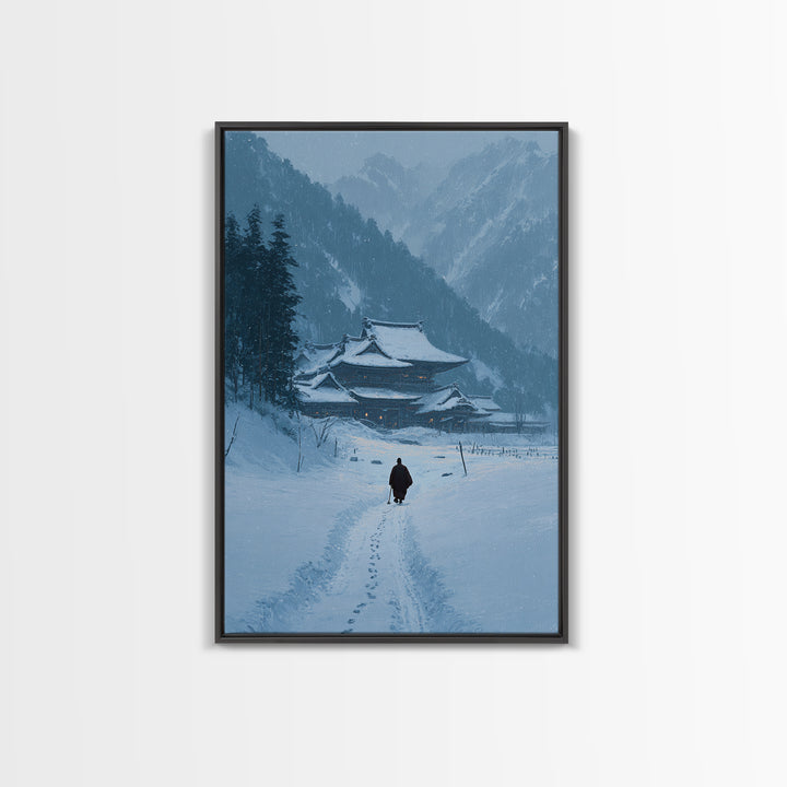 Serene Japanese Winter Landscape With Snow Covered Temple And Monk Pathway Wall Art Canvas Print For Home Decor