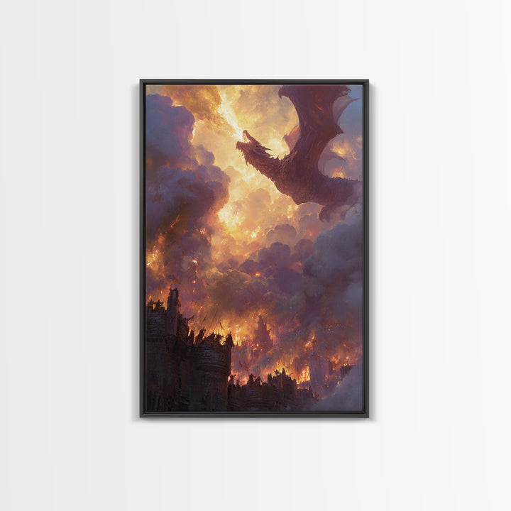 Red Dragon Above Burning Castle Wall Art Epic Fantasy Canvas Print For Gothic Decor Medieval Battle Art And Game Room Wall Decor