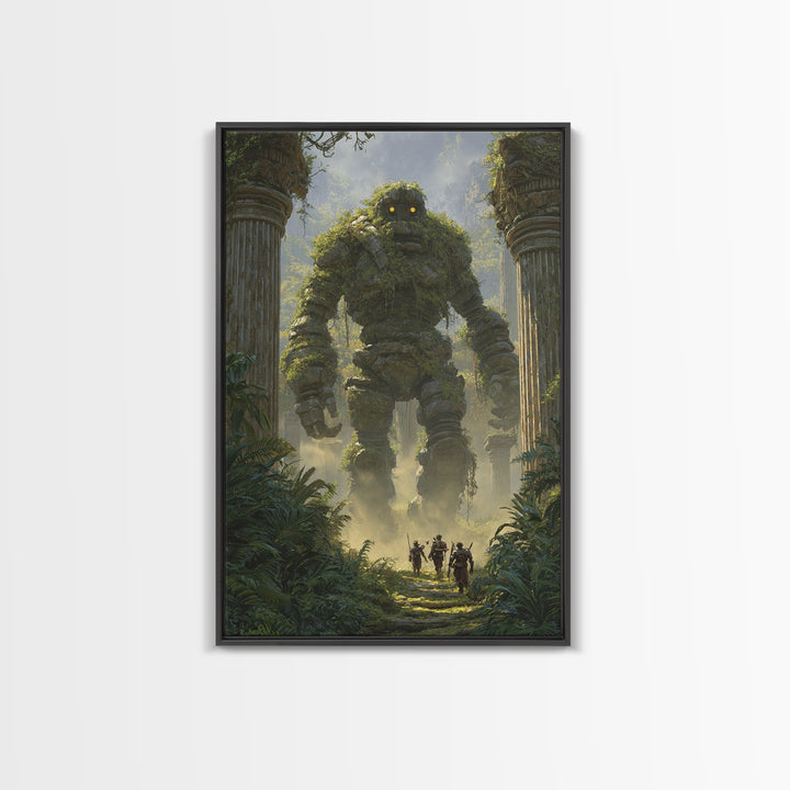 Moss Covered Stone Golem In Jungle Ruins Wall Art Fantasy Canvas Print For Nature Decor Adventure Art And Kids Room Wall Decor