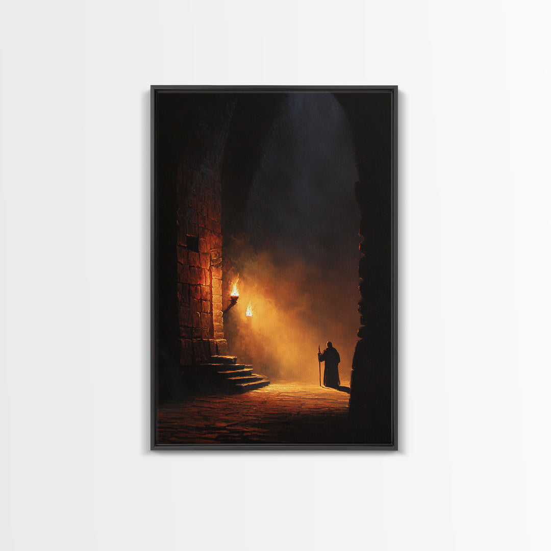 Torchlit Monk In Ancient Stone Arch Wall Art Dark Academia Canvas Print For Gothic Decor Medieval Hallway Art And Office