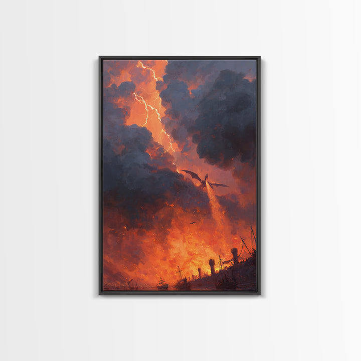 Fire Breathing Dragon Over Burning Battlefield Wall Art Epic Fantasy Canvas Print For Medieval Decor Gothic Game Room Wall Decor