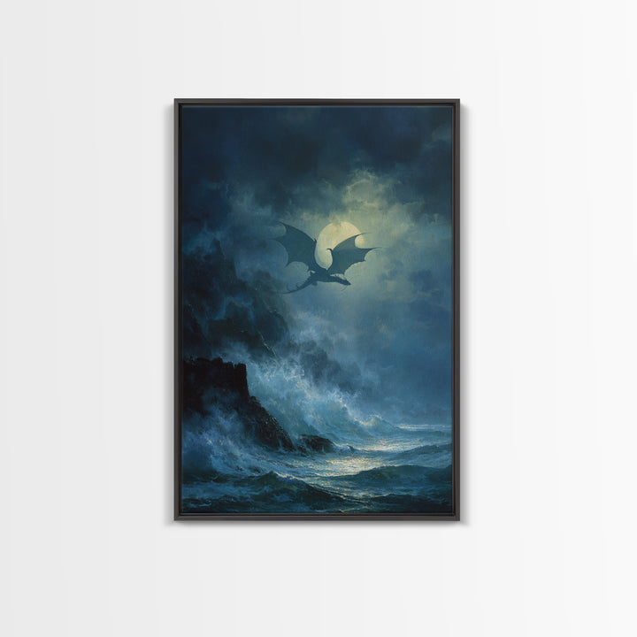 Moonlit Dragon Above Stormy Ocean Wall Art Gothic Seascape Canvas Print For Fantasy Decor Coastal Art And Moody Home Decor Gift For Him