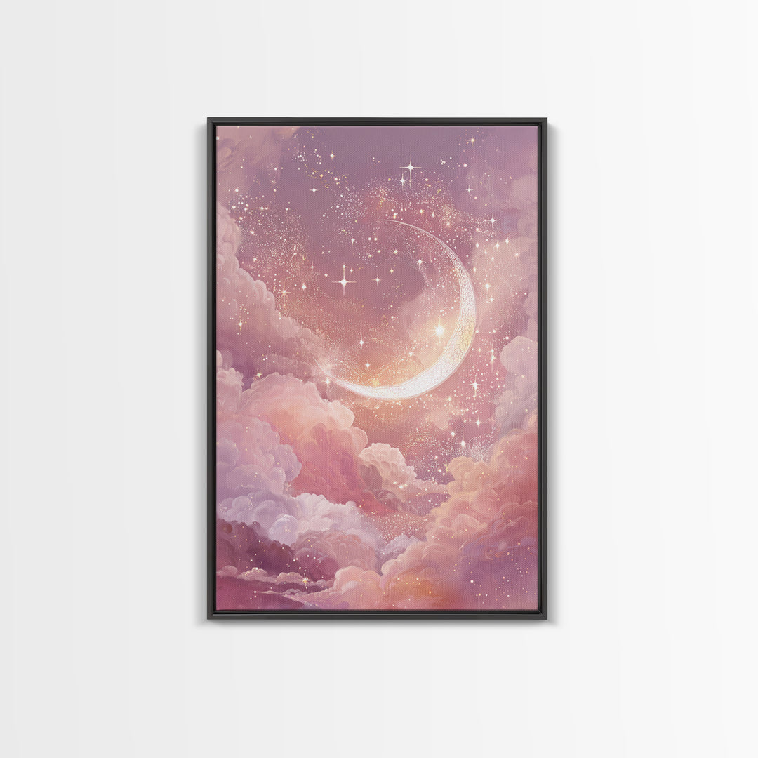 Glowing Crescent Moon Among Pink Clouds Wall Art, Celestial Canvas Print, Dreamy Nursery Decor, Whimsical Bedroom Art, Gift For Her