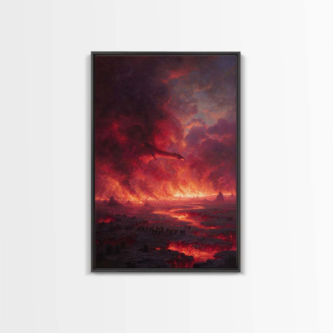 Fiery Dragon Apocalypse Landscape Wall Art, Dark Fantasy Canvas Decor, Gothic Medieval Battle, Large Fantasy Art Print Poster