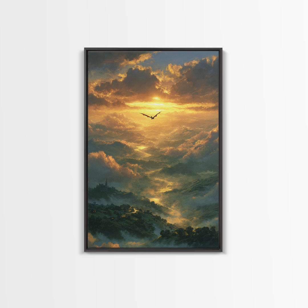 Golden Dragon Above Misty Valley Framed Canvas Print, Fantasy Landscape Wall Decor, Epic Castle Art For Living Room Home Decor