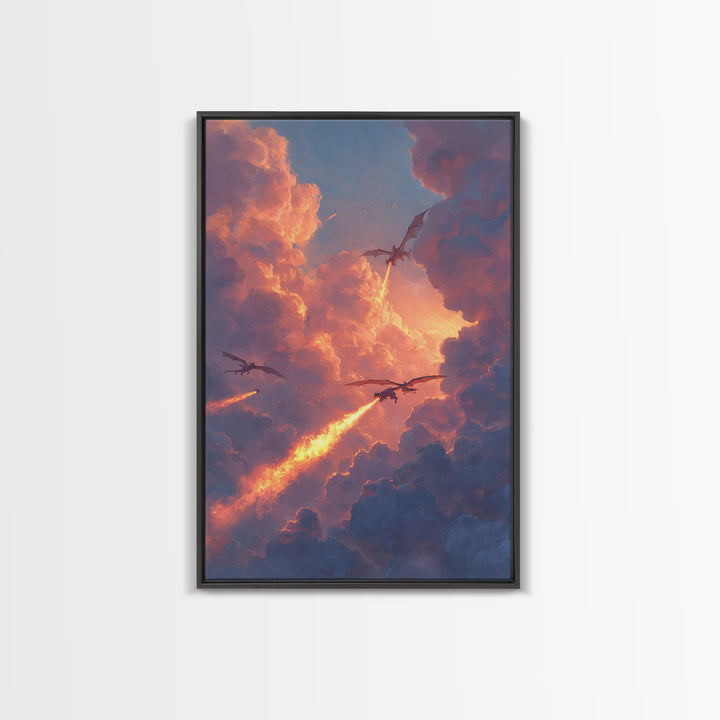 Dragons Breathing Fire Through Sunset Clouds Canvas Print, Fantasy Sky Wall Art, Vibrant Large Statement Living Room Home Decor