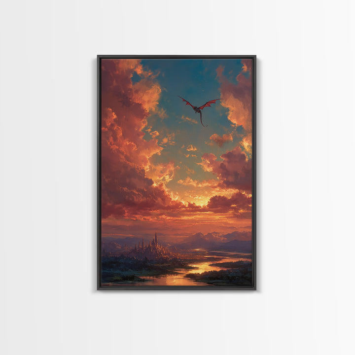 Sunset Dragon Above Spired City Framed Canvas Print, Fantasy Landscape Wall Art, Castle Decor For Living Room, Epic Home Decor