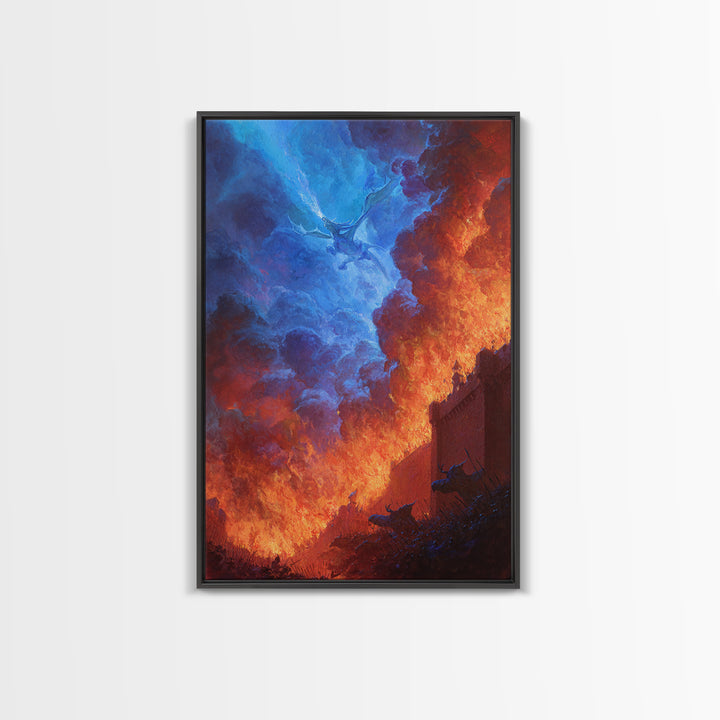 Blue Fire Dragon Siege At Burning Fortress Wall Art, Dark Fantasy Canvas Decor, Gothic Battle Large Art Print Poster For Man Cave