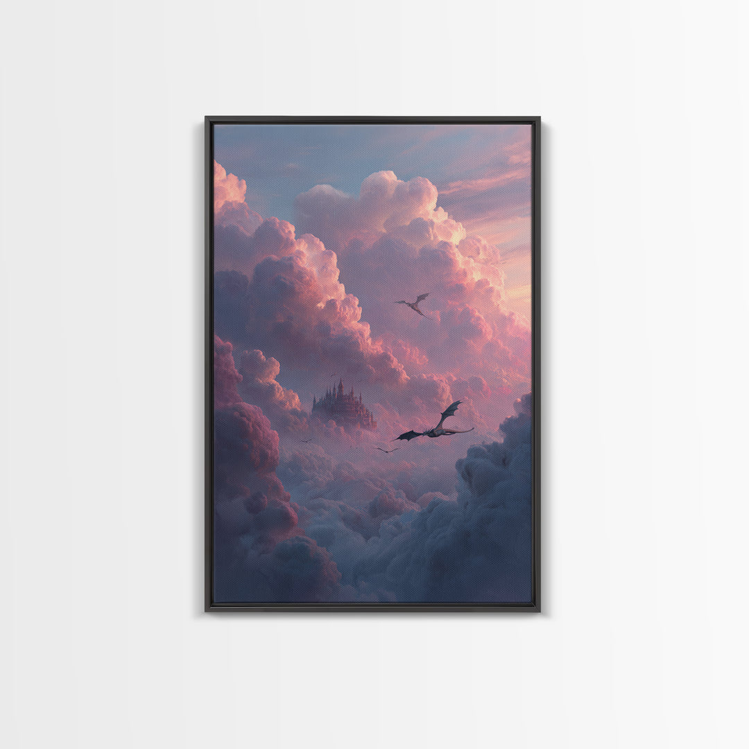 Pink Cloud Castle With Flying Dragons Canvas Print, Dreamy Fantasy Wall Art, Soft Pastel Celestial Nursery And Bedroom Decor