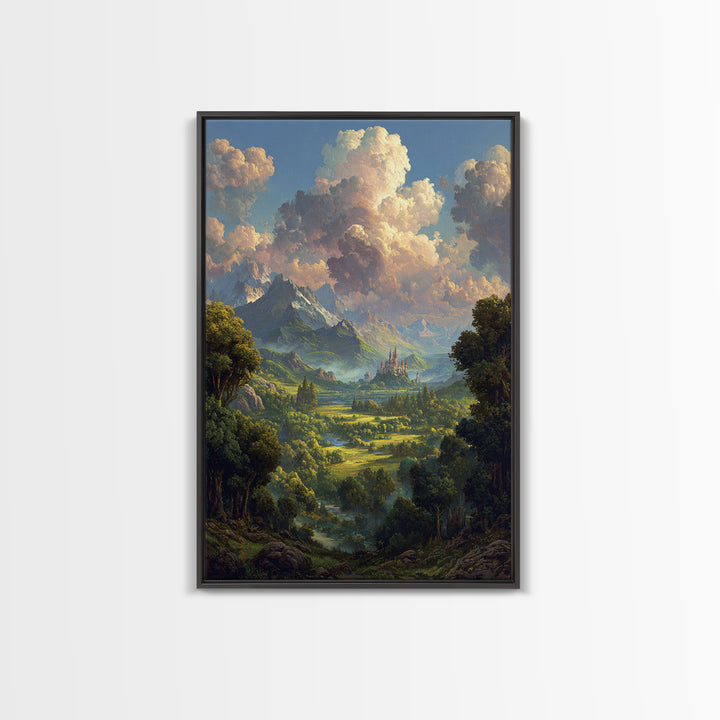 Lush Fantasy Valley With Distant Castle Wall Art, Mountain Landscape Canvas Print, Nature Decor For Living Room, Large Home Decor