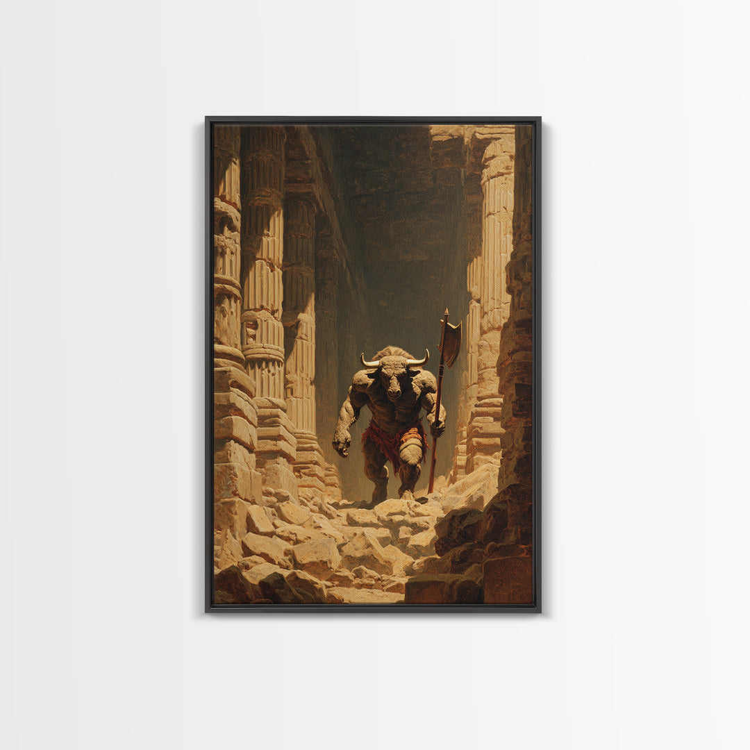 Minotaur In Ancient Ruins Framed Canvas Print, Mythological Art, Dark Fantasy Decor, Greek Myth Wall Decor Gift For Him Home Decor