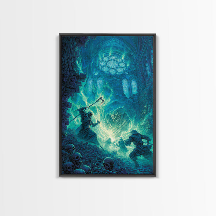 Necromancer In Haunted Cathedral Canvas Print, Dark Fantasy Wall Art, Gothic Magic Decor, Skeleton Horror Gift For Him Print