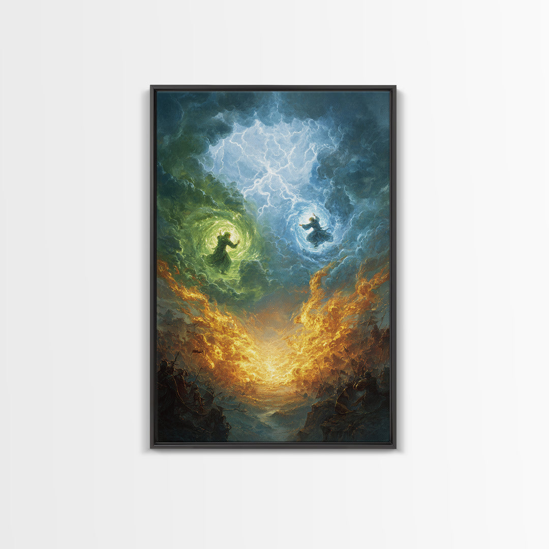 Elemental Wizards In Stormy Sky Wall Art, Fantasy Magic Canvas Print, Lightning Battle, Mystical Decor Gift For Him Home Decor