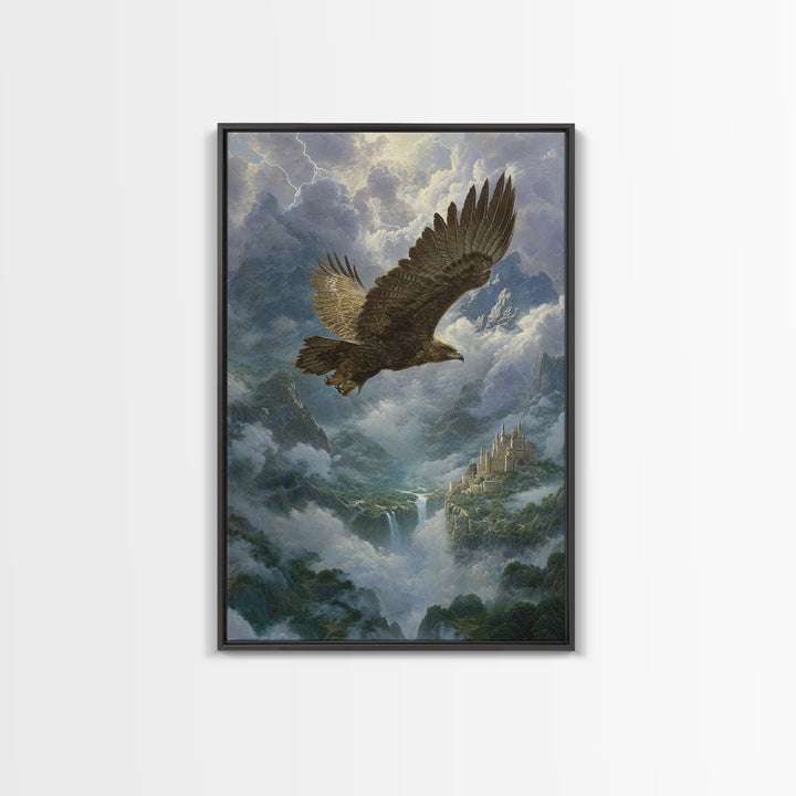 Majestic Eagle Over Misty Mountain Castle Wall Art, Wildlife Landscape Canvas Print, Fantasy Nature Decor Gift For Him Home Decor