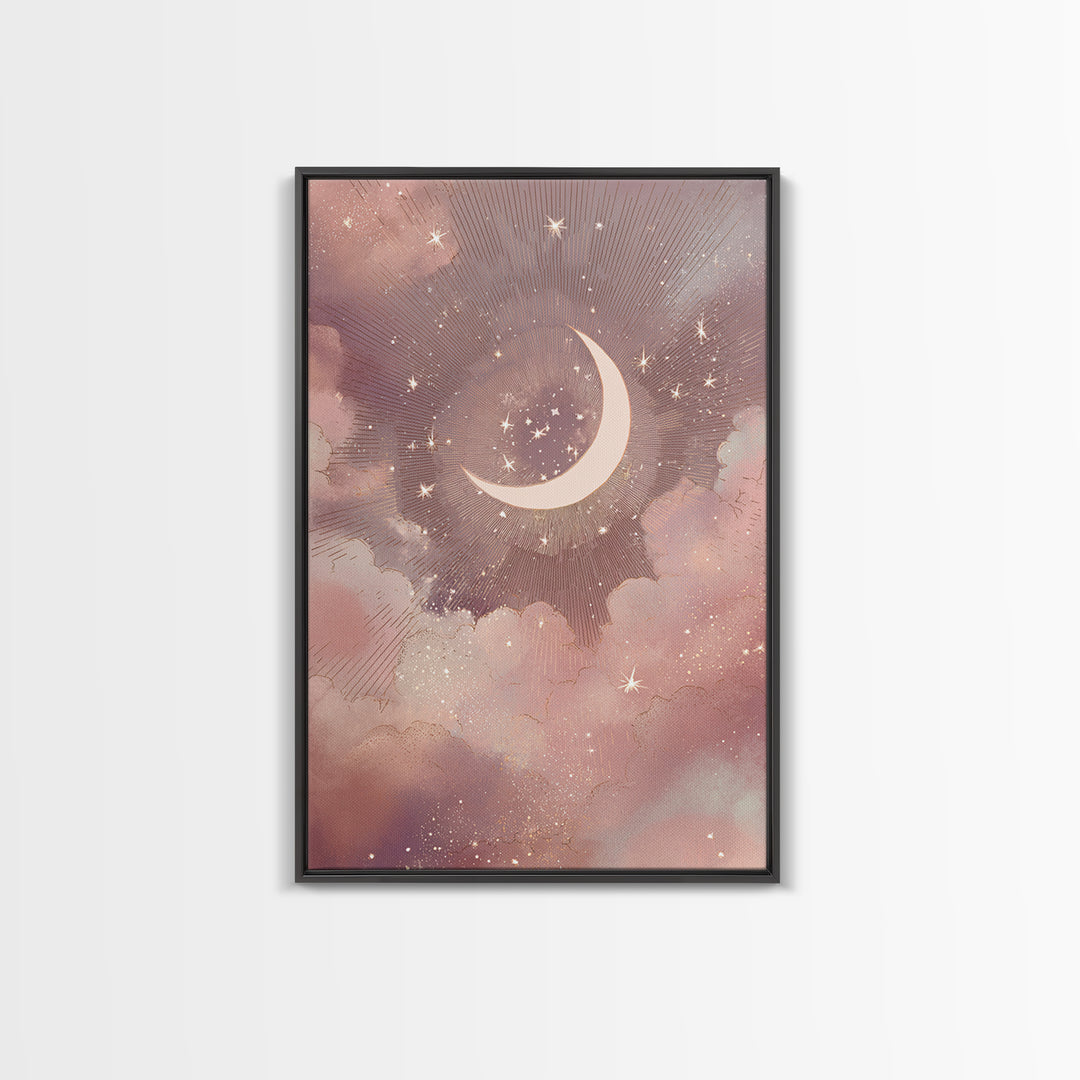 Crescent Moon And Starry Pink Clouds Wall Art, Celestial Canvas Print, Whimsigoth Bedroom Decor, Mystical Nursery Art, Gift For Her