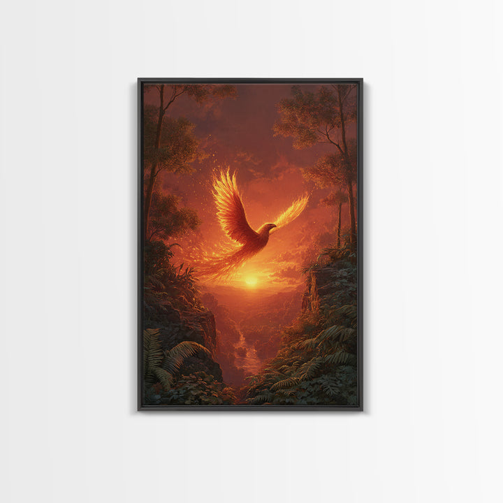 Fiery Phoenix Soaring Over Sunset Canyon Canvas Print, Fantasy Bird Wall Art, Dramatic Orange Home Decor, Mythical Artwork