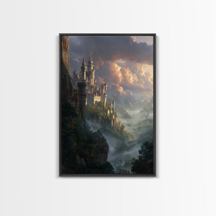 Misty Cliffside Castle Above Enchanted Valley Framed Canvas Print, Fantasy Wall Art, Medieval Landscape Home Decor, Dramatic Cloud Art