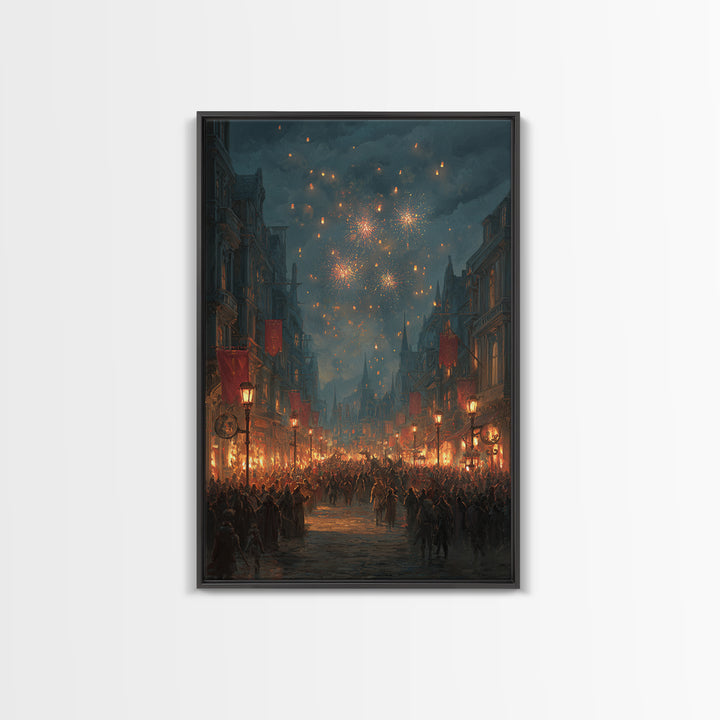 Medieval Festival Street With Fireworks Wall Art, Fantasy City Canvas, Dark Academia Decor, Gothic Town Celebration Print