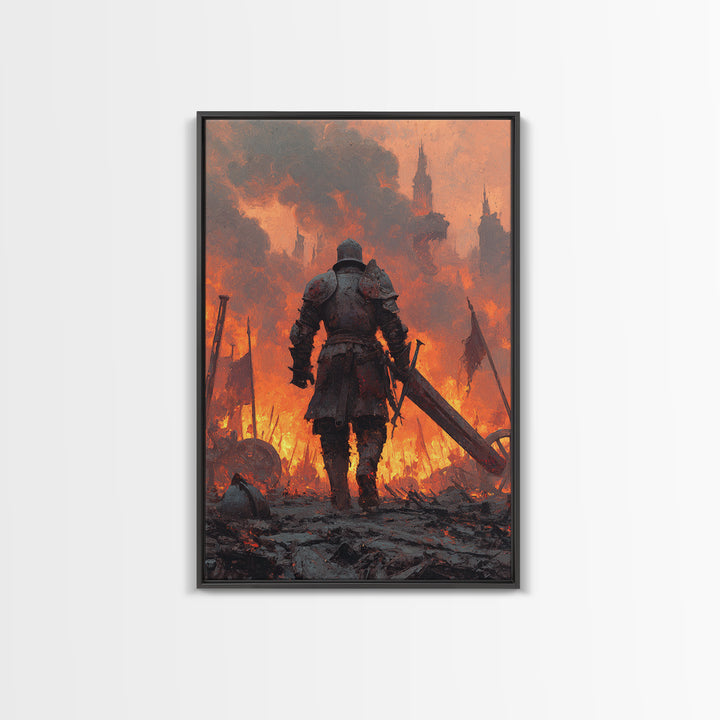 Armored Knight Walking Through Burning Battlefield Wall Art, Dark Fantasy Canvas, Medieval Warrior Decor, Dramatic Fire Art Print