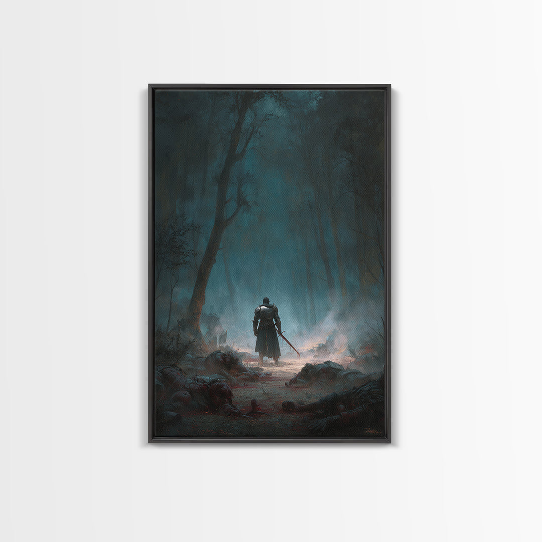 Lone Knight In Misty Haunted Forest Canvas Print, Dark Fantasy Wall Art, Gothic Woodland Decor, Warrior Landscape Artwork