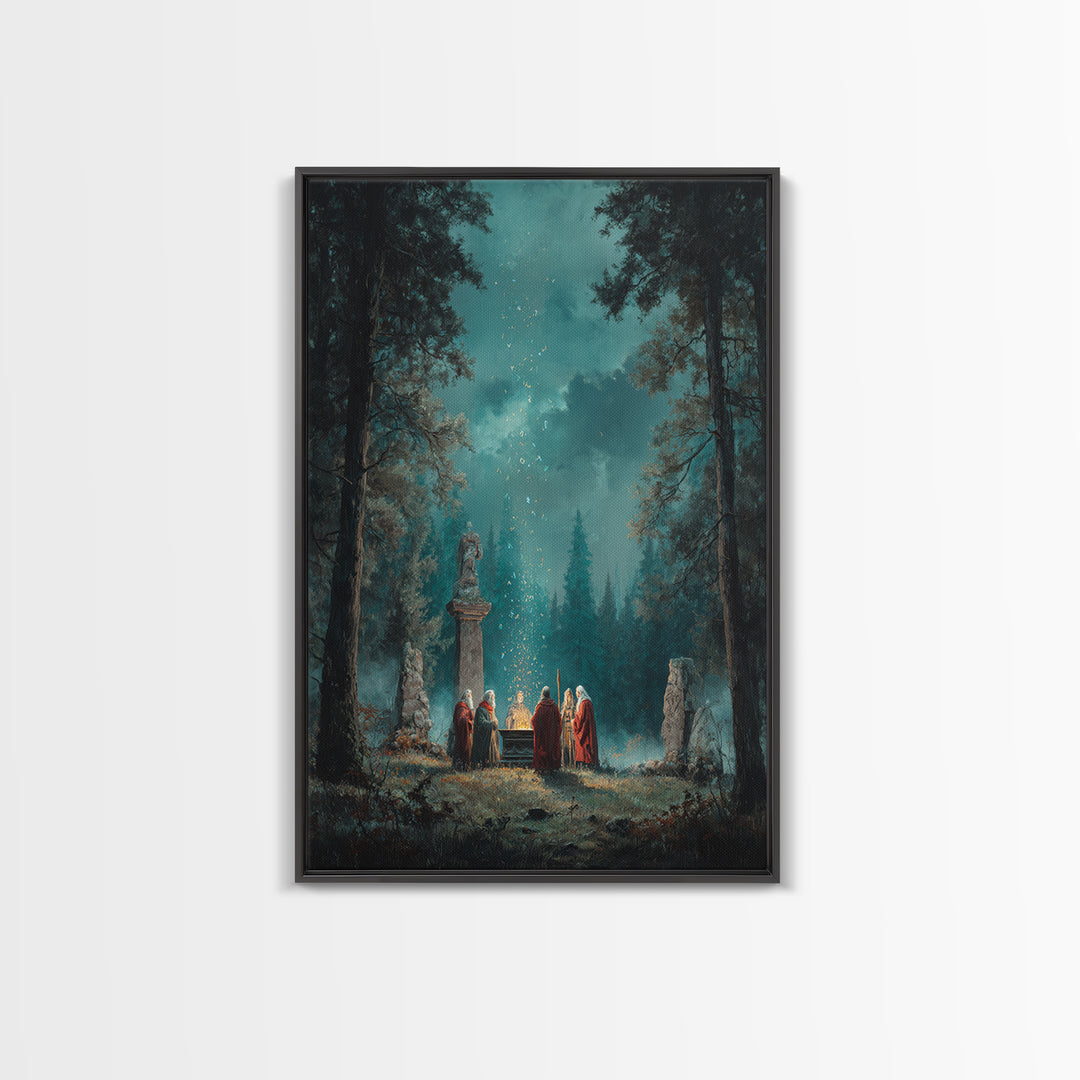 Mystic Forest Ritual Beneath Teal Night Sky Framed Canvas Print, Fantasy Wall Art, Spiritual Decor, Enchanted Woodland Art