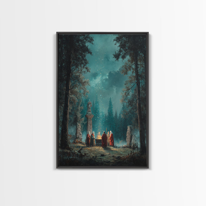 Mystic Forest Ritual Beneath Teal Night Sky Framed Canvas Print, Fantasy Wall Art, Spiritual Decor, Enchanted Woodland Art
