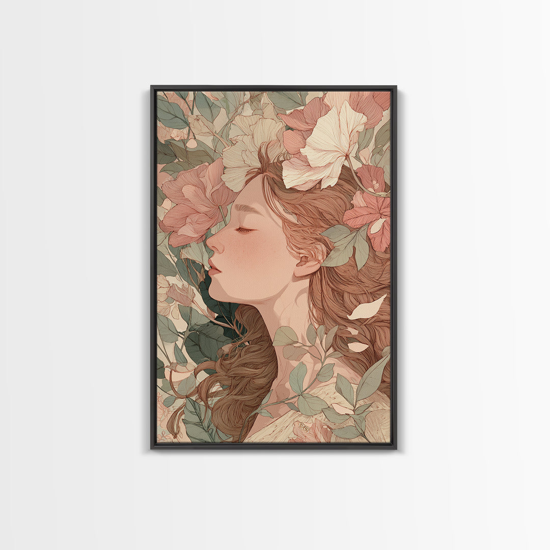 Sleeping Floral Woman Portrait Canvas Print, Art Nouveau Wall Art, Feminine Botanical Decor, Romantic Bedroom Art, Gift For Her