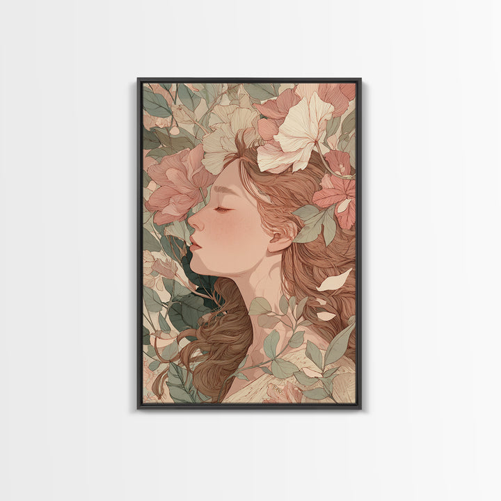 Sleeping Floral Woman Portrait Canvas Print, Art Nouveau Wall Art, Feminine Botanical Decor, Romantic Bedroom Art, Gift For Her