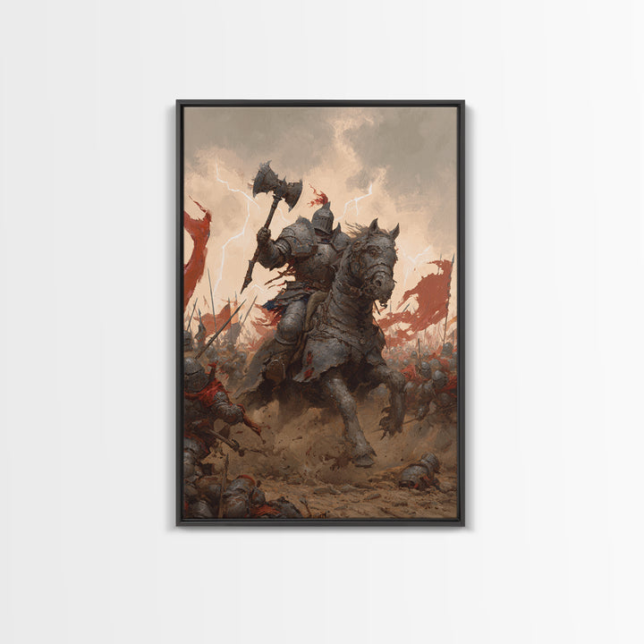 Armored Knight On War Horse With Battle Axe Wall Art, Dark Fantasy Canvas Print, Medieval Warrior Living Room Decor Gift