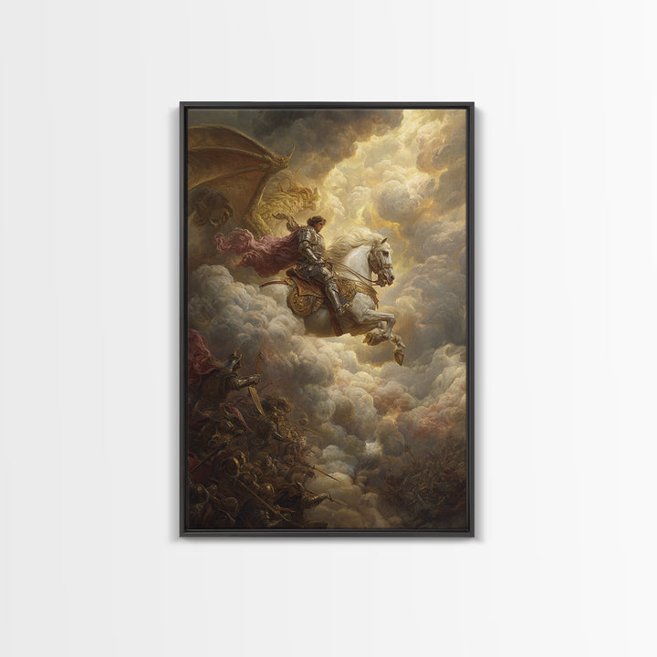 White Horse Knight Battles Golden Dragon In Clouds Framed Canvas Print, Epic Fantasy Wall Art, Medieval Home Decor Gift Idea