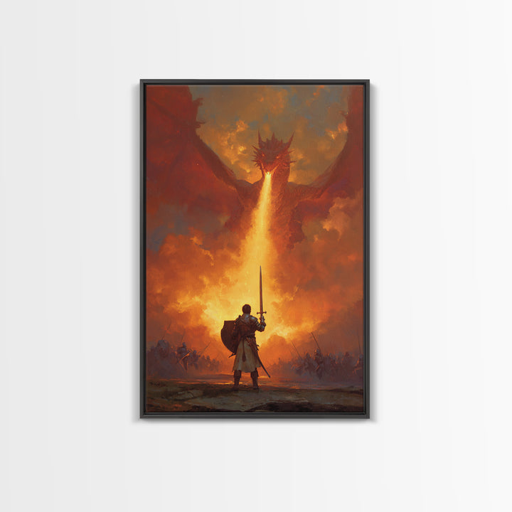 Lone Swordsman Facing Fire Breathing Red Dragon Wall Art, Epic Fantasy Canvas Print, Medieval Battle Living Room Decor Gift