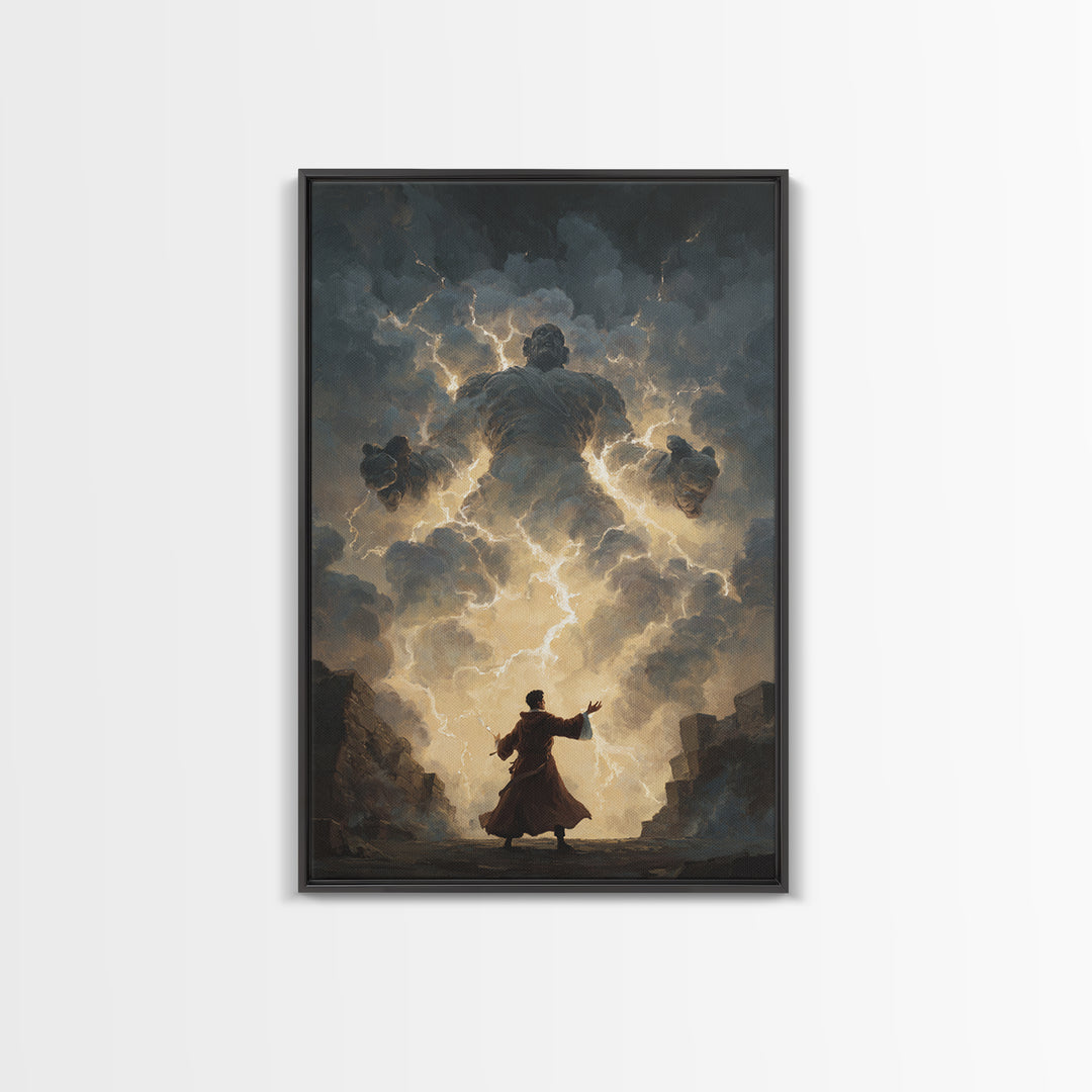 Storm Wizard Summoning Lightning Cloud Giant Wall Art, Dark Fantasy Canvas Print, Mythological Magic Office Decor Gift For Him