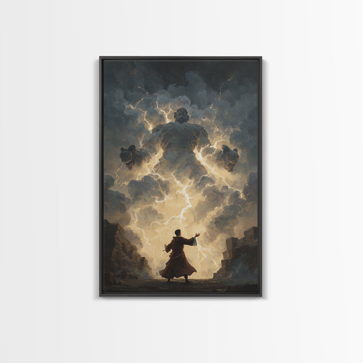 Storm Wizard Summoning Lightning Cloud Giant Wall Art, Dark Fantasy Canvas Print, Mythological Magic Office Decor Gift For Him
