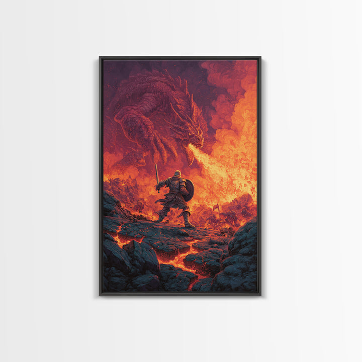 Knight Charging Through Lava Toward Fire Dragon Wall Art, Dark Fantasy Framed Canvas Print, Medieval Battle Game Room Decor