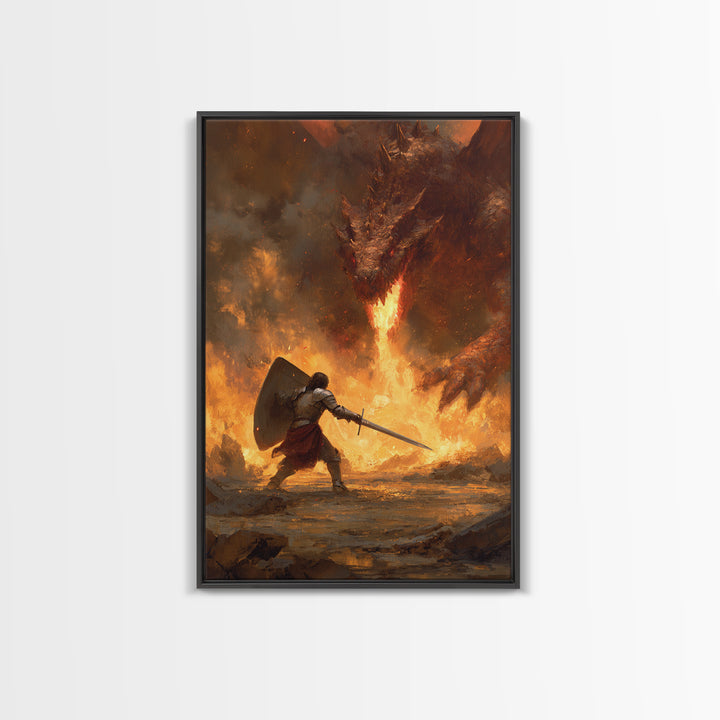 Shield Warrior Defies Fire Breathing Dragon Canvas Print, Epic Fantasy Wall Art, Medieval Sword Battle Home Decor Gift For Him
