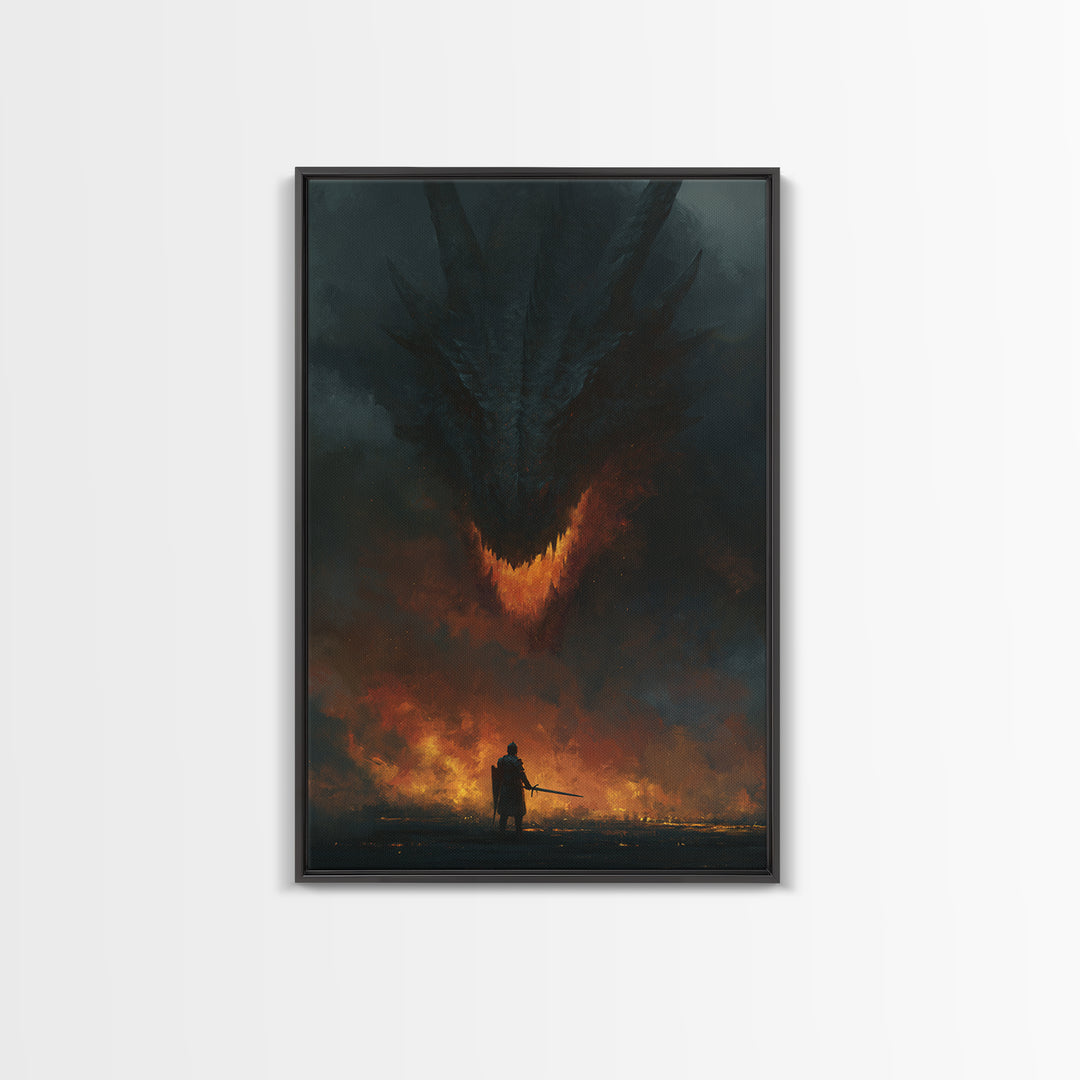 Dark Dragon Looming Over Lone Knight Wall Art, Gothic Fantasy Canvas Print, Apocalyptic Fire Medieval Office Decor Gift For Him