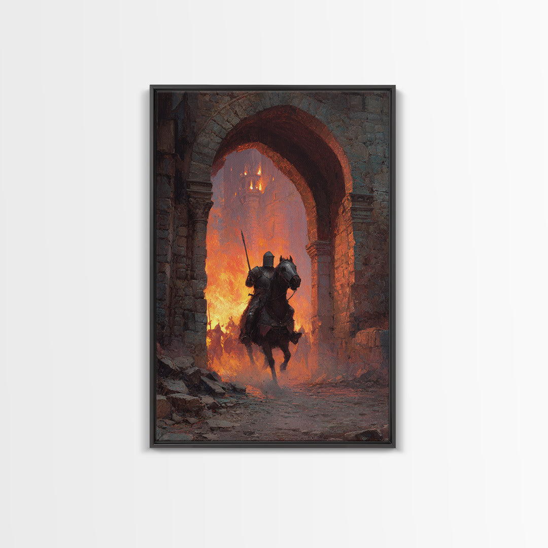 Mounted Knight Riding Through Burning Stone Arch Wall Art, Dark Fantasy Framed Canvas Print, Medieval Castle Home Decor Gift